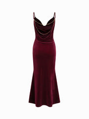 Velvet Cowl Neck Backless Chain Detail Mermaid Maxi Dress