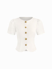 Ramie-blend Button Short Sleeve Blouse