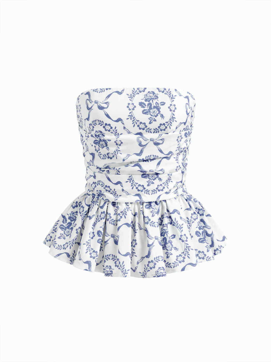 Bandeau Floral Shirred Ruffle Hem Top
