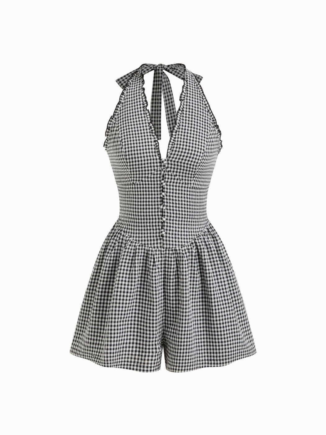 Gingham Halter Neckline Shirred Romper