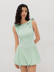 Boat Neck Bowknot Bubble Hem Mini Dress