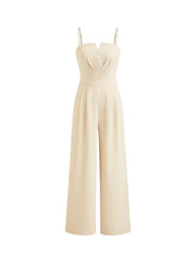 Woven Solid Shirred Pleated Straight Leg Jumpsuit