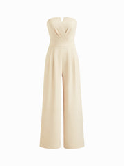Woven Solid Shirred Pleated Straight Leg Jumpsuit