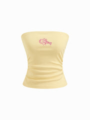 Cotton-blend Lobster Embroidery Ruched Bandeau Top