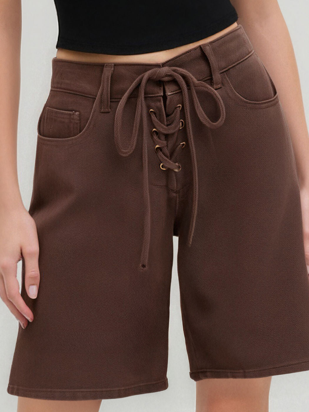 Denim Low Rise Lace Up Knotted Bermuda Jorts