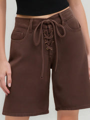 Denim Low Rise Lace Up Knotted Bermuda Jorts