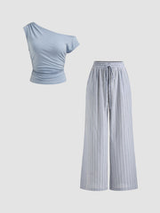 100% Cotton Off-shoulder Ruched Top & Mid Rise Stripe Elastic Waist Wide Leg Trousers Set