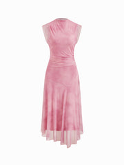 Mesh High Neck Ruched Asymmetrical Hem Illusion Midi Dress