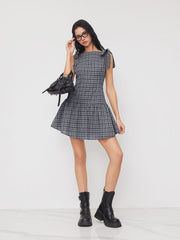 100% Cotton Boat Neck Bowknot Plaid Ruffle Mini Dress