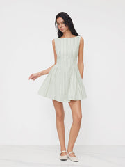 Boat Neck Stripe Backless Knotted Pocket Ruffle Mini Dress