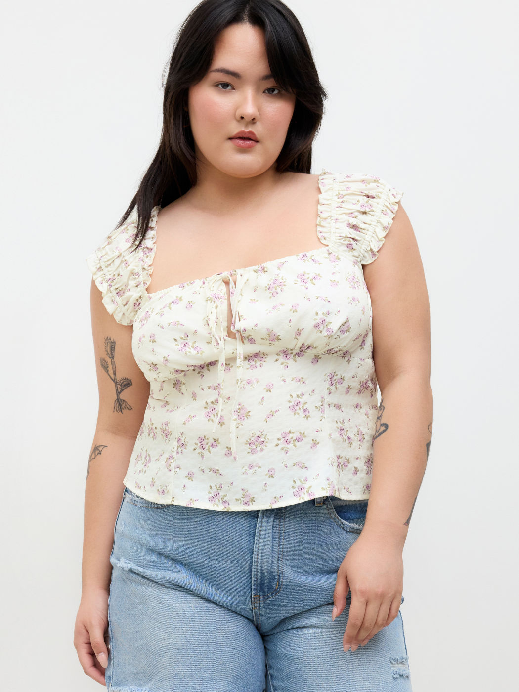Ditsy Floral Knotted Lettuce Trim Tank Top Curve & Plus
