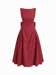 Linen-blend Boat Neck Polka Dot Backless Bowknot Midi Dress