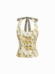 Halter Neckline Lemon Shirred Bowknot Tank Top