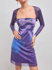 Mesh Tie Dye Bowknot Tube Mini Dress & Mesh Solid Shrug