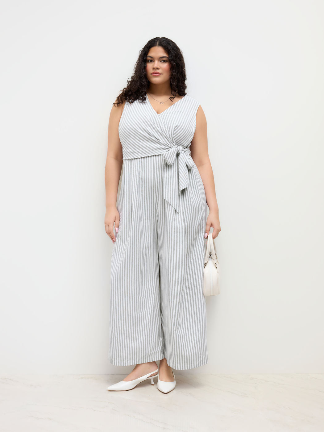 Cotton-blend V Neck Stripe Knotted Wide Leg Jumpsuit Curve & Plus
