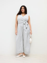 Cotton-blend V Neck Stripe Knotted Wide Leg Jumpsuit Curve & Plus
