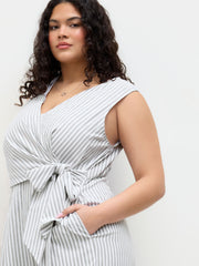 Cotton-blend V Neck Stripe Knotted Wide Leg Jumpsuit Curve & Plus