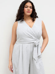 Cotton-blend V Neck Stripe Knotted Wide Leg Jumpsuit Curve & Plus