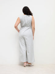 Cotton-blend V Neck Stripe Knotted Wide Leg Jumpsuit Curve & Plus