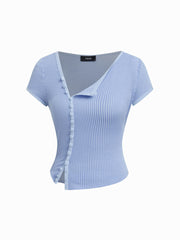 Asymmetrical Neck  Stripe Button Through Tee