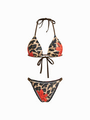 V-neck Floral Leopard Halter Cheeky Bikini Set With Sarong