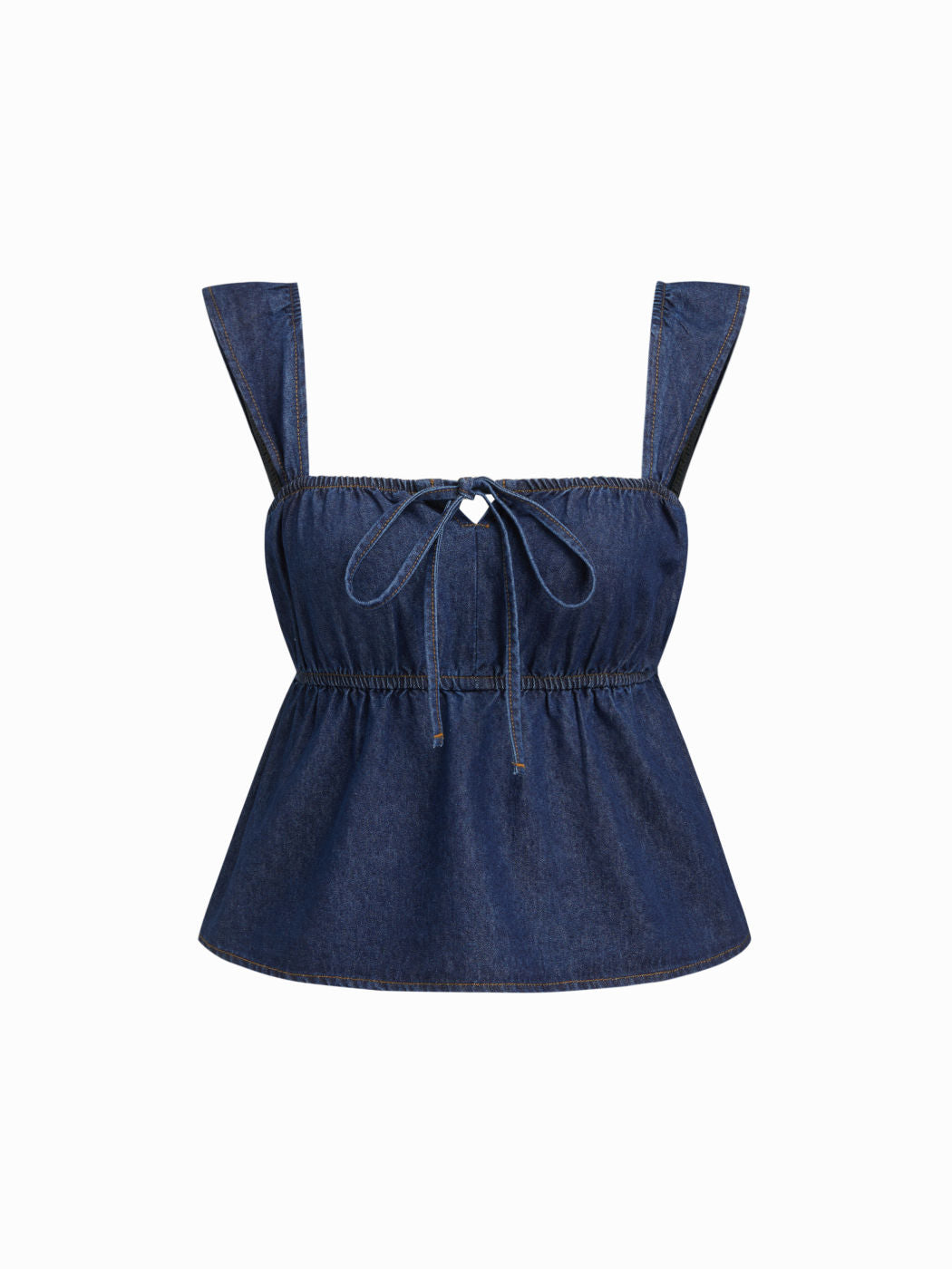 Denim Square Neck Bowknot Shirred Crop Tank Top