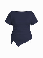 Cotton-blend Boat Neck Ruched Asymmetrical Hem Tee Curve & Plus