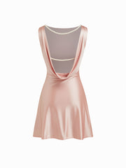 Satin Boat Neck Beaded Ruched Backless Mini Dress