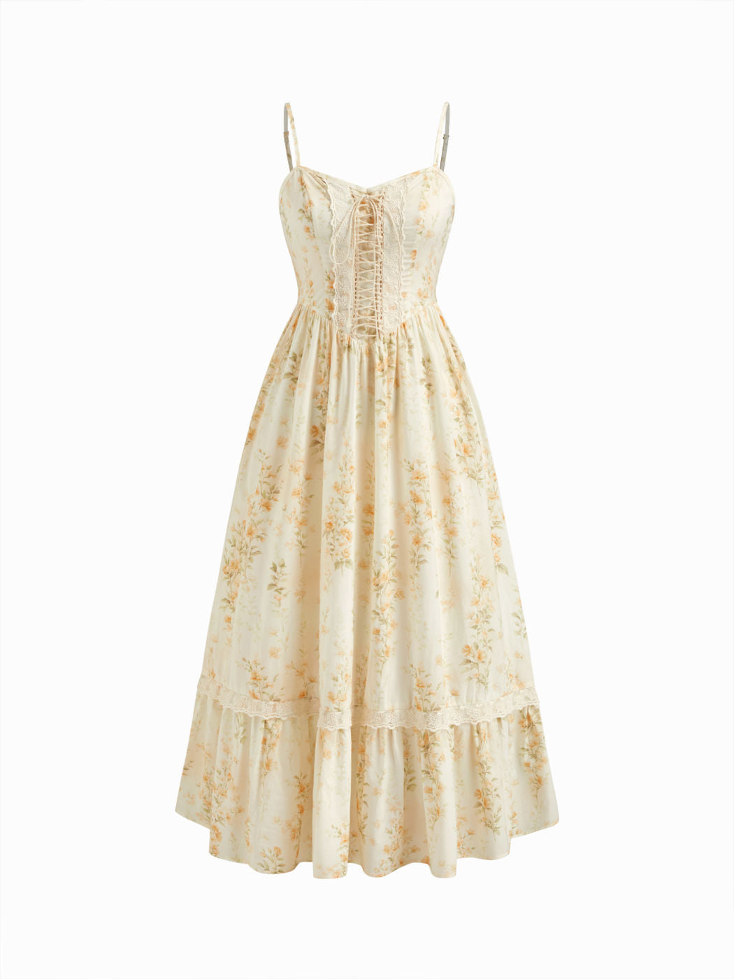 100% Cotton Sweetheart Neckline Floral Lace Trim Ruffle Shirred Maxi Dress