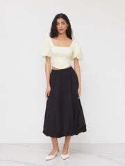 Square Neck Texture Puff Sleeve Curve Hem Blouse