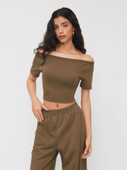 Cotton-blend Boat Neck Crop Tee & Mid Rise Wide Leg Trousers Set