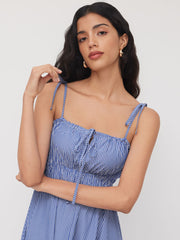 Drawstring Stripe Shirred Cut Out Cami Maxi Dress