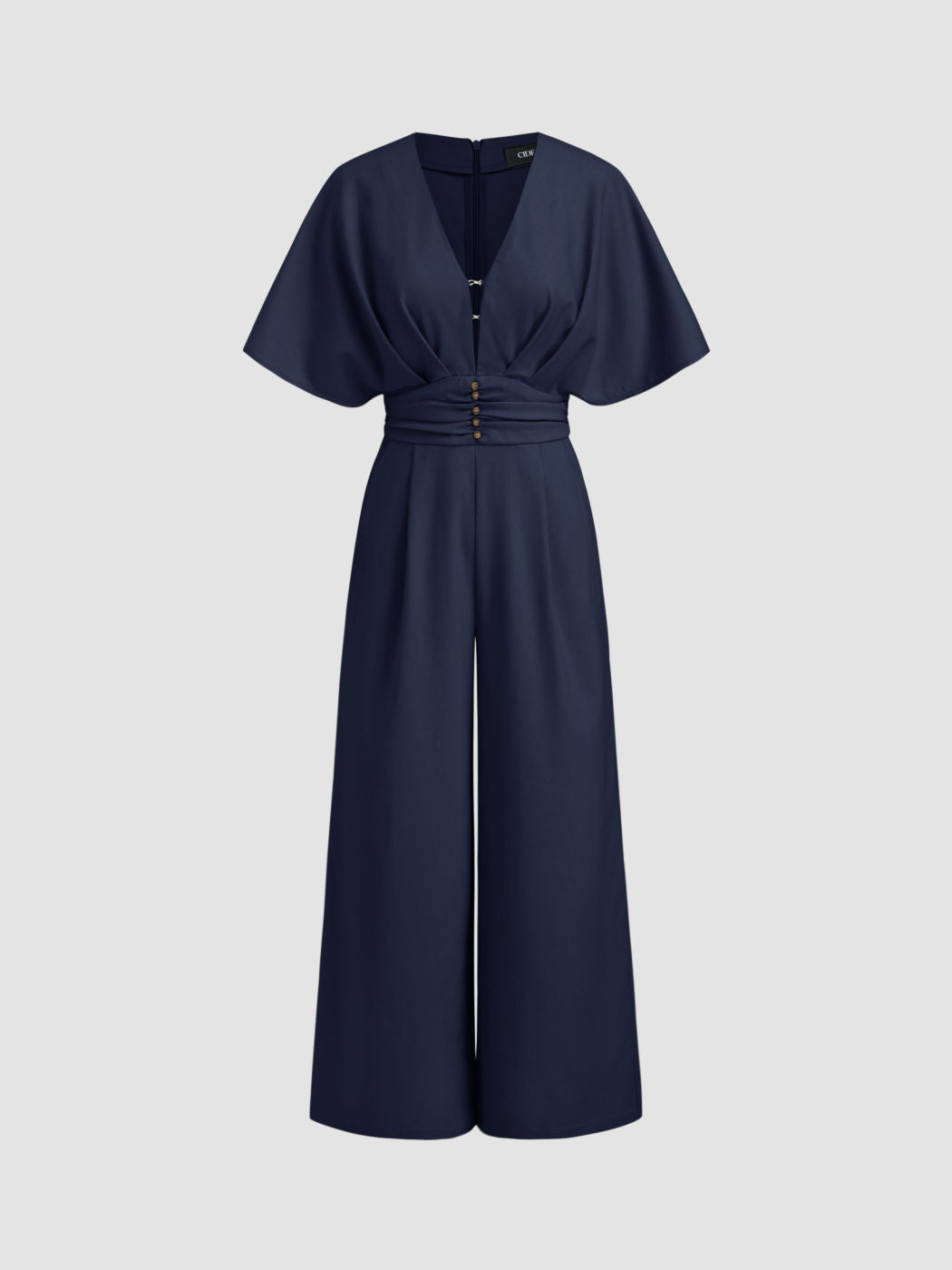 Linen-blend V-neck Ruched Dolman Sleeve Jumpsuit
