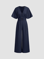 Linen-blend V-neck Ruched Dolman Sleeve Jumpsuit