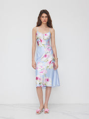 Satin Scoop Neckline Criss Cross Floral Midi Dress