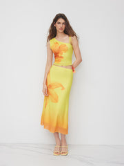 Mesh Asymmetrical Neck Floral Knotted Top & Mid Rise Maxi Skirt Set