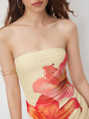 Mesh Floral Ruched Lettuce Trim Bandeau Mini Dress