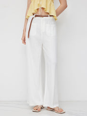Linen-blend Mid Rise Straight Leg Trousers With Belt