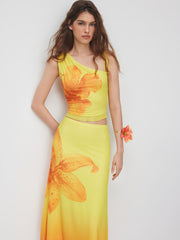 Mesh Asymmetrical Neck Floral Knotted Top & Mid Rise Maxi Skirt Set