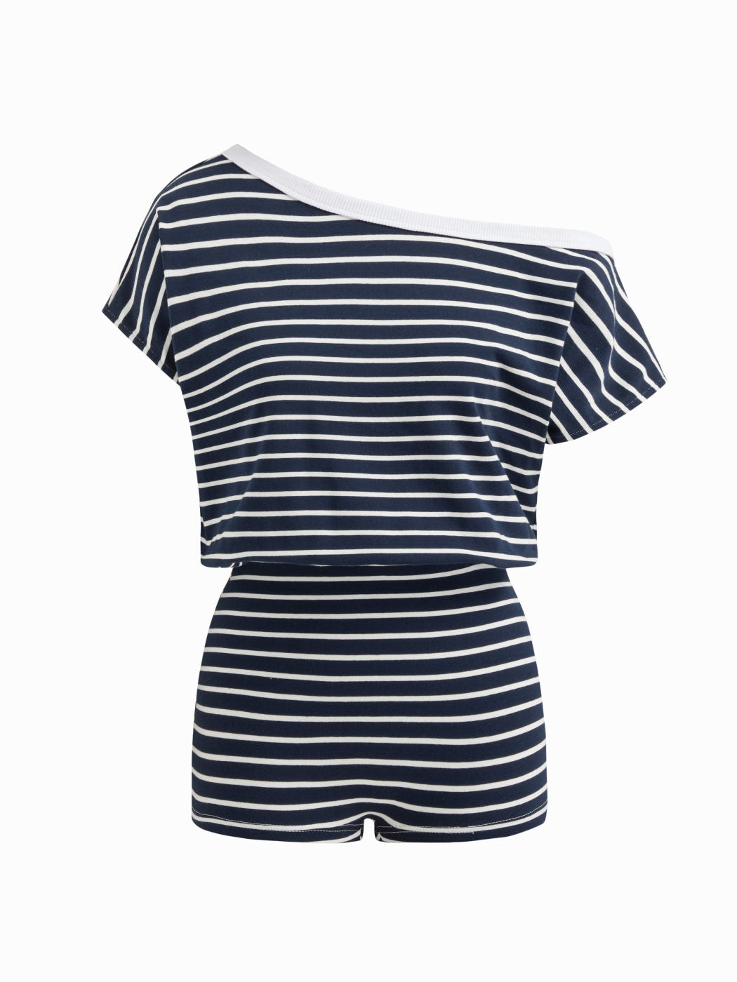 Cotton-blend Asymmetrical Neck Stripe Micro Lounge Romper