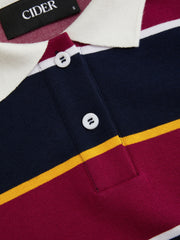 Cotton-blend Striped Collar Short Sleeve Drawstring Ruched Tee