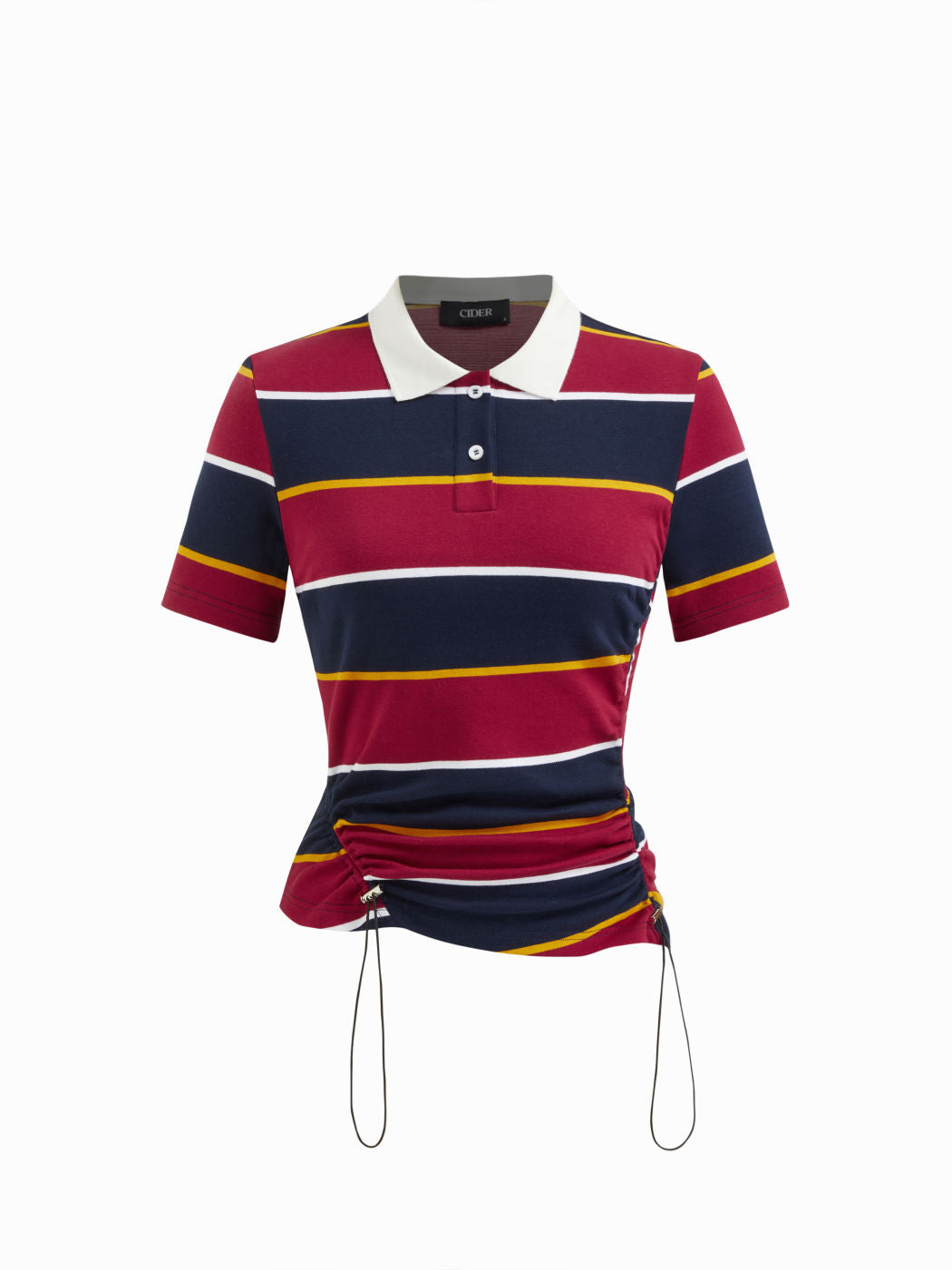 Cotton-blend Striped Collar Short Sleeve Drawstring Ruched Tee