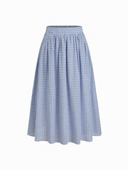 Cotton Mid Rise Elastic Waist Tartan Midi Skirt
