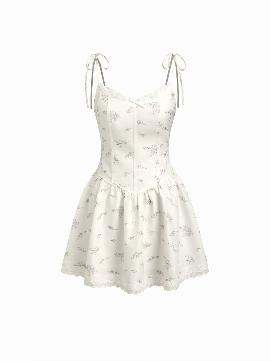 V-neck Floral Lace Trim Bowknot Mini Dress