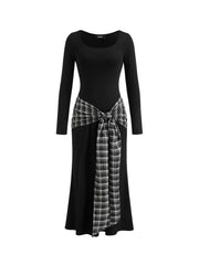 Plaid Knotted Scoop Neckline Long Sleeve Maxi Dress