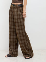 Mid Rise Checks Pocket Wide Leg Trousers With Belt