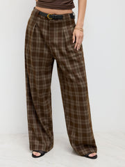 Mid Rise Checks Pocket Wide Leg Trousers With Belt