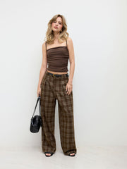 Mid Rise Checks Pocket Wide Leg Trousers With Belt