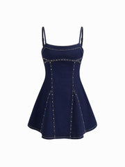 High Stretch Denim Rivet Detail Zipper Mini Dress