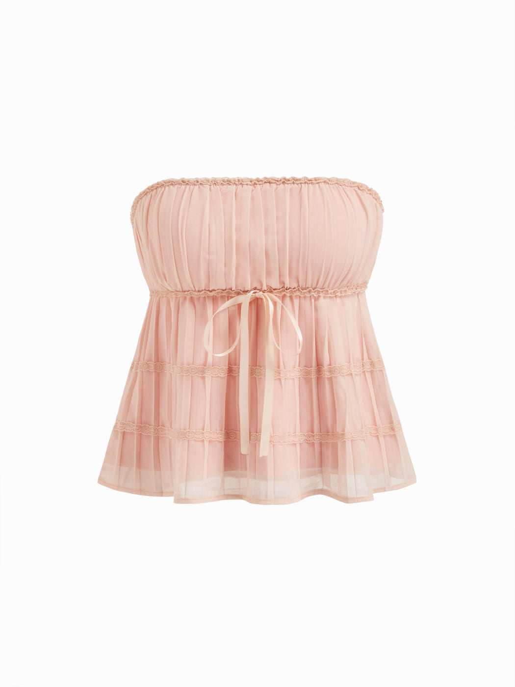 Pleated Mesh Knotted Lace Trim Bandeau Top